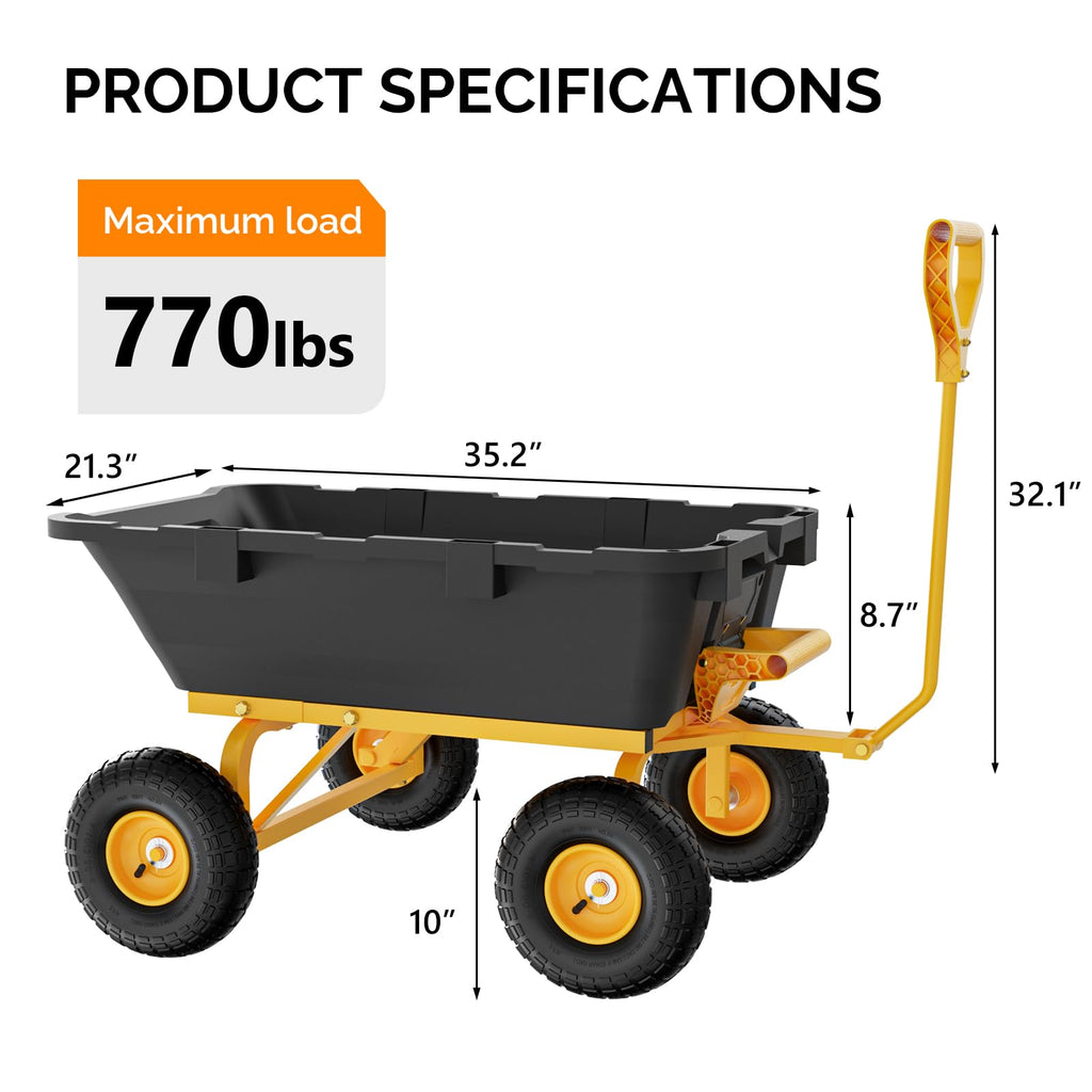 Heavy Duty Dump Cart Wagon, 770LBS Poly Wheelbarrow, 10in All-Terrain Pneumatic Tires H4604