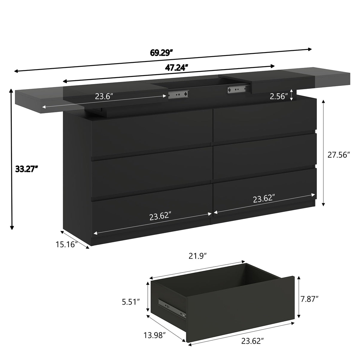 Black 6 Drawer Dresser with Sliding Desktop X715
