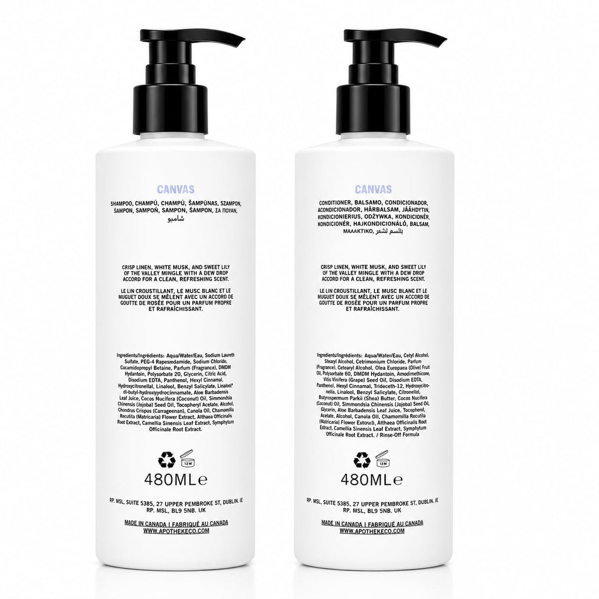 Plant-Based Shampoo and Conditioner Set with Aloe Chamomile Coconut and Jojoba Oils, 16.2 Fl Oz Each D396