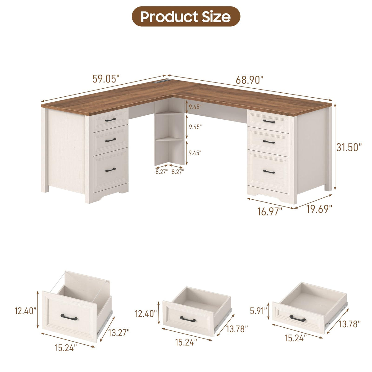Brown L Shaped Executive Desk with 6 Drawers K37955