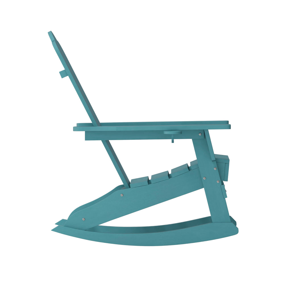 Blue HDPE Adirondack Rocking Chair with Cup Holder Y318654