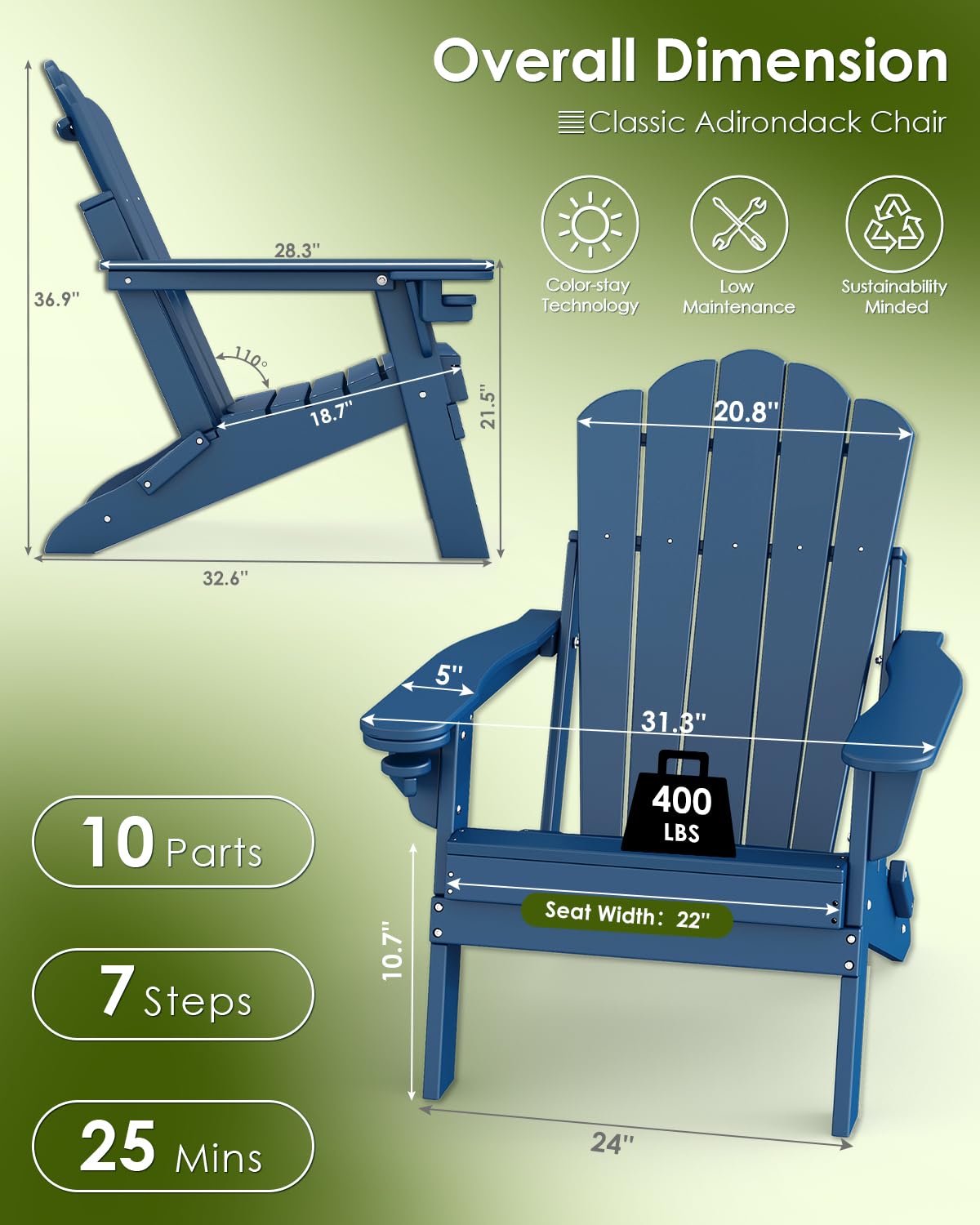 Oversized Folding Adirondack Chairs Set of 2 Blue R367970