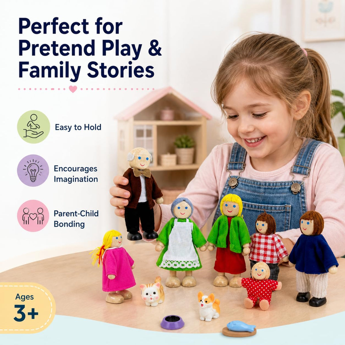 12 Pieces Wooden Dollhouse Family Set with Dog Cat Figures Z5857