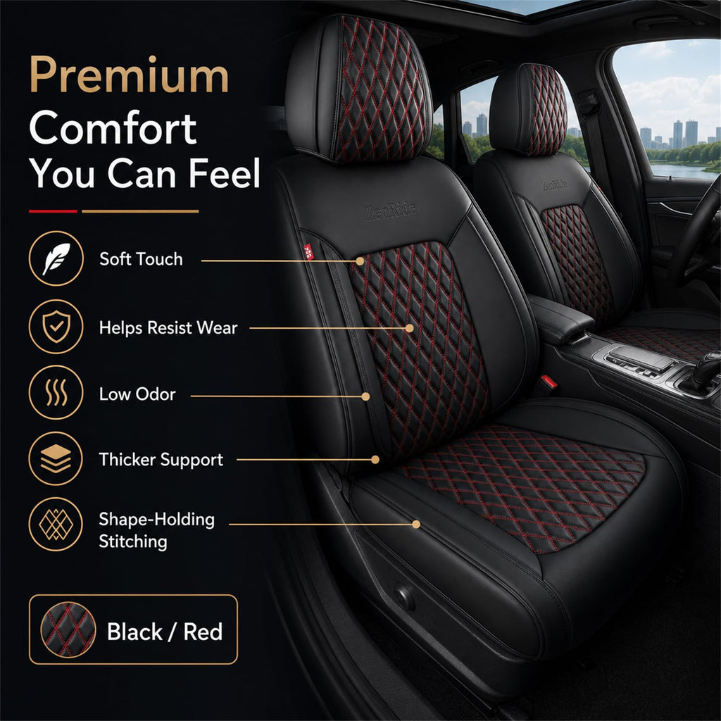 Black and Red Thick Nappa Leather Car Seat Covers Set of 2 P4506