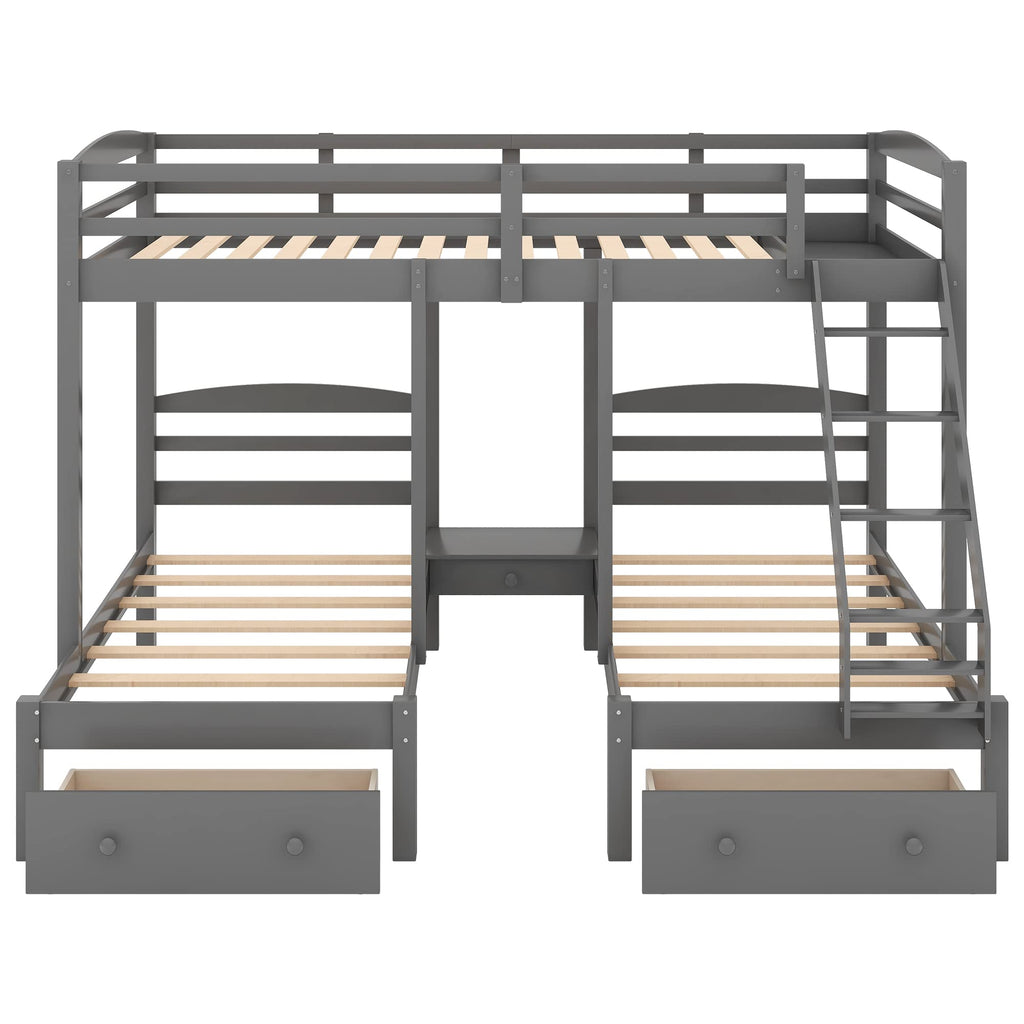 Full Over 2 Twin Wood Triple Bunk Bed with 3 Drawers and Guardrails Q78554