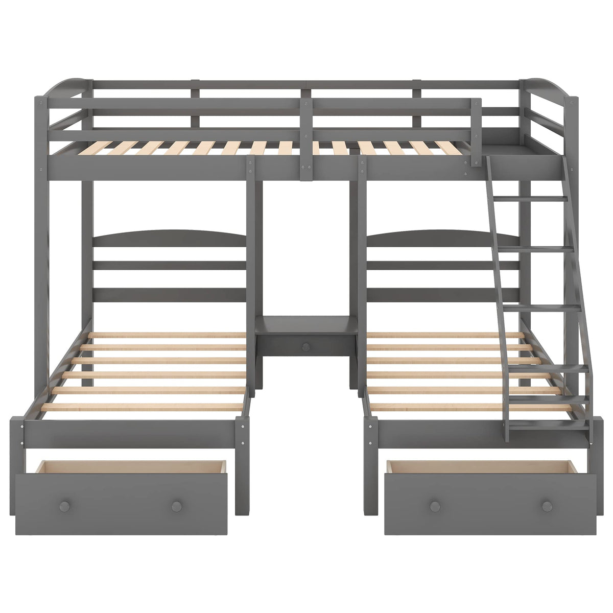 Full Over 2 Twin Wood Triple Bunk Bed with 3 Drawers and Guardrails Q78554