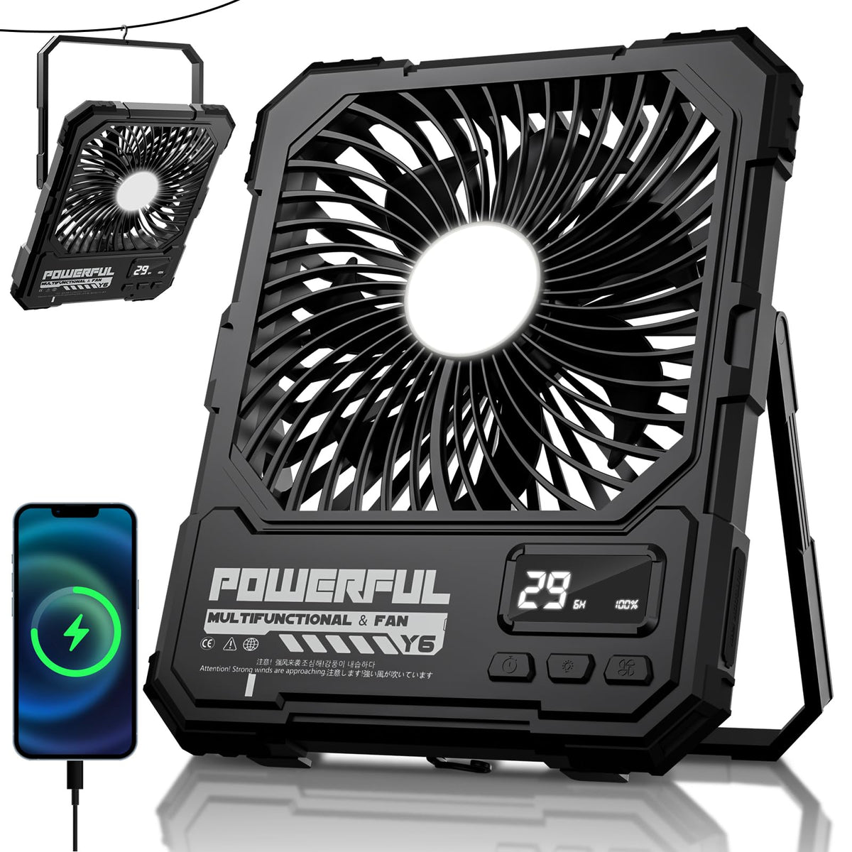 20000mAh Rechargeable Battery Powered Fan with LED Light A70798