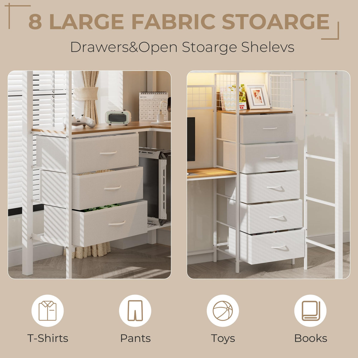 White Twin Size Metal Loft Bed with L-Shaped Desk and 8 Storage Drawers M16574