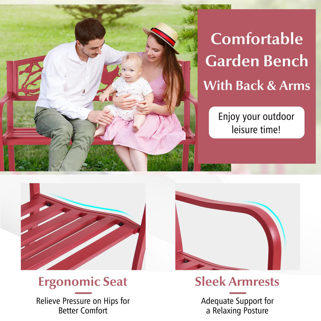 Metal Outdoor Garden Bench with Bird & Twig Back Pattern, Seats 2-3 Persons M160