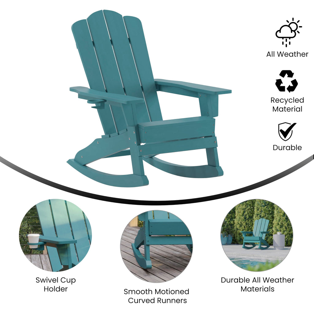 Blue HDPE Adirondack Rocking Chair with Cup Holder Y318654
