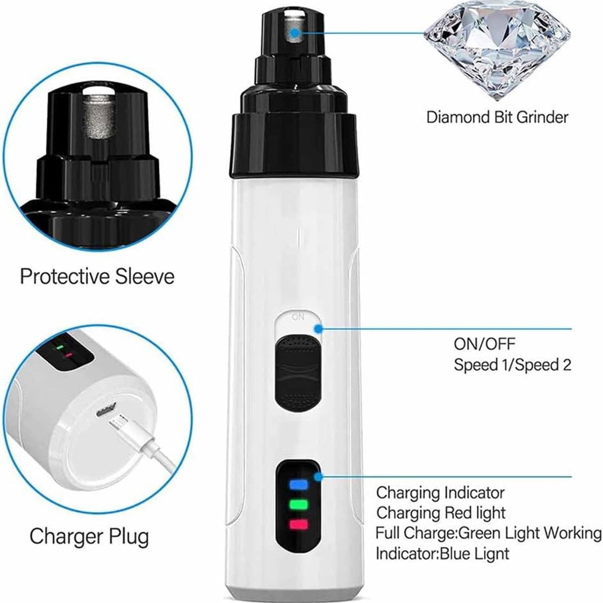 Electric Dog Nail Grinder & Trimmer Rechargeable Quiet Low Vibration Pet Grooming Tool with LED Light 2Pcs Z5853