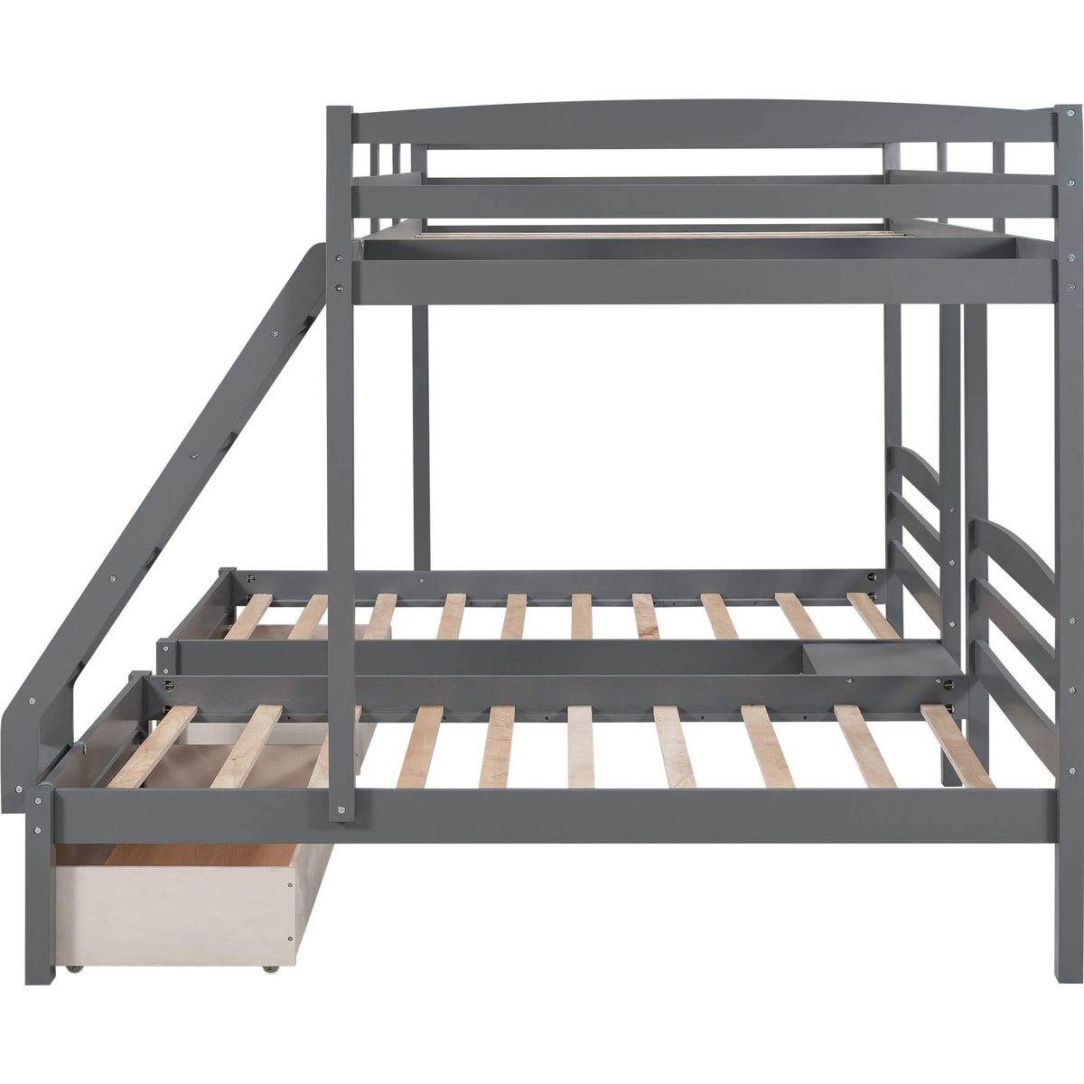 Full Over 2 Twin Wood Triple Bunk Bed with 3 Drawers and Guardrails Q78554