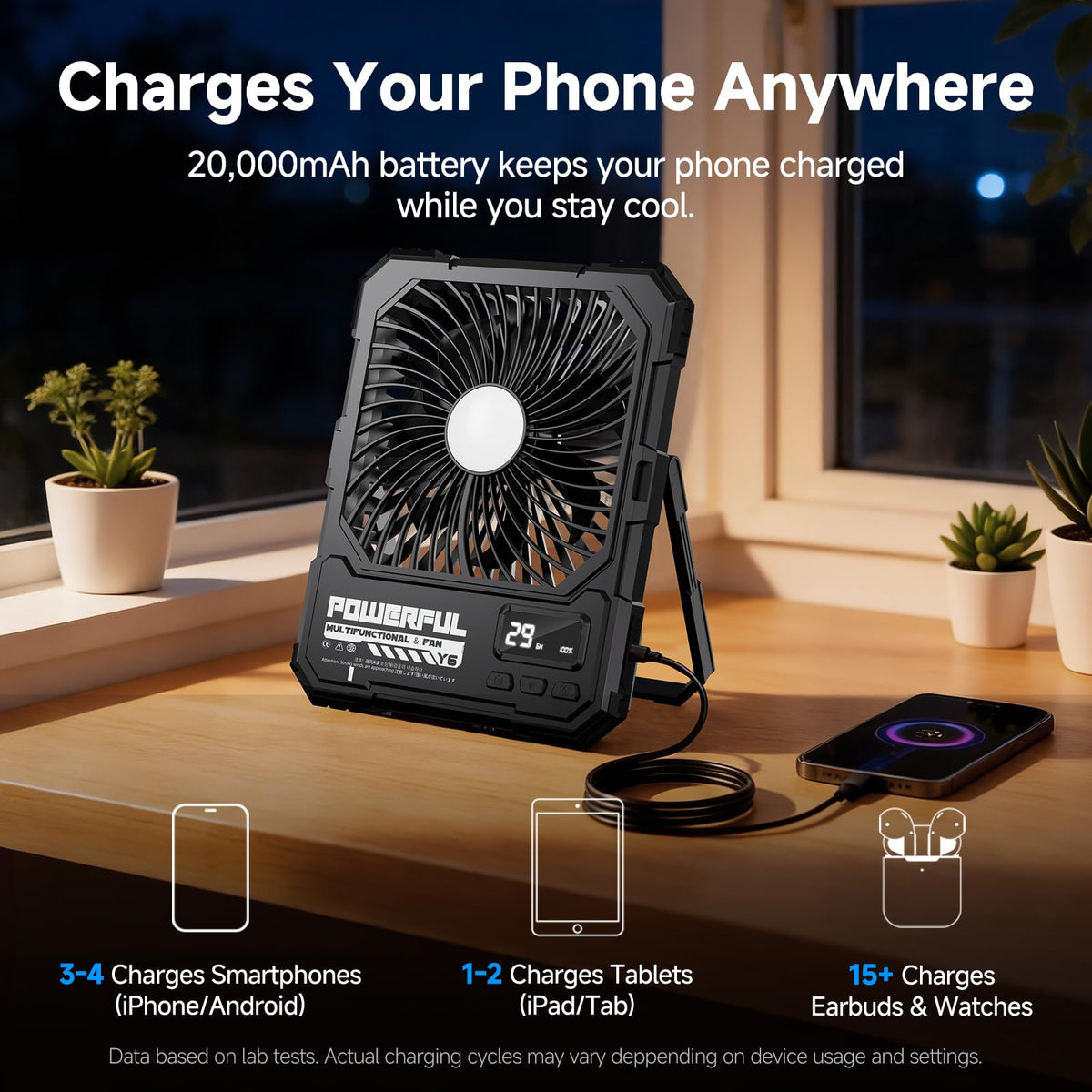 20000mAh Rechargeable Battery Powered Fan with LED Light A70798