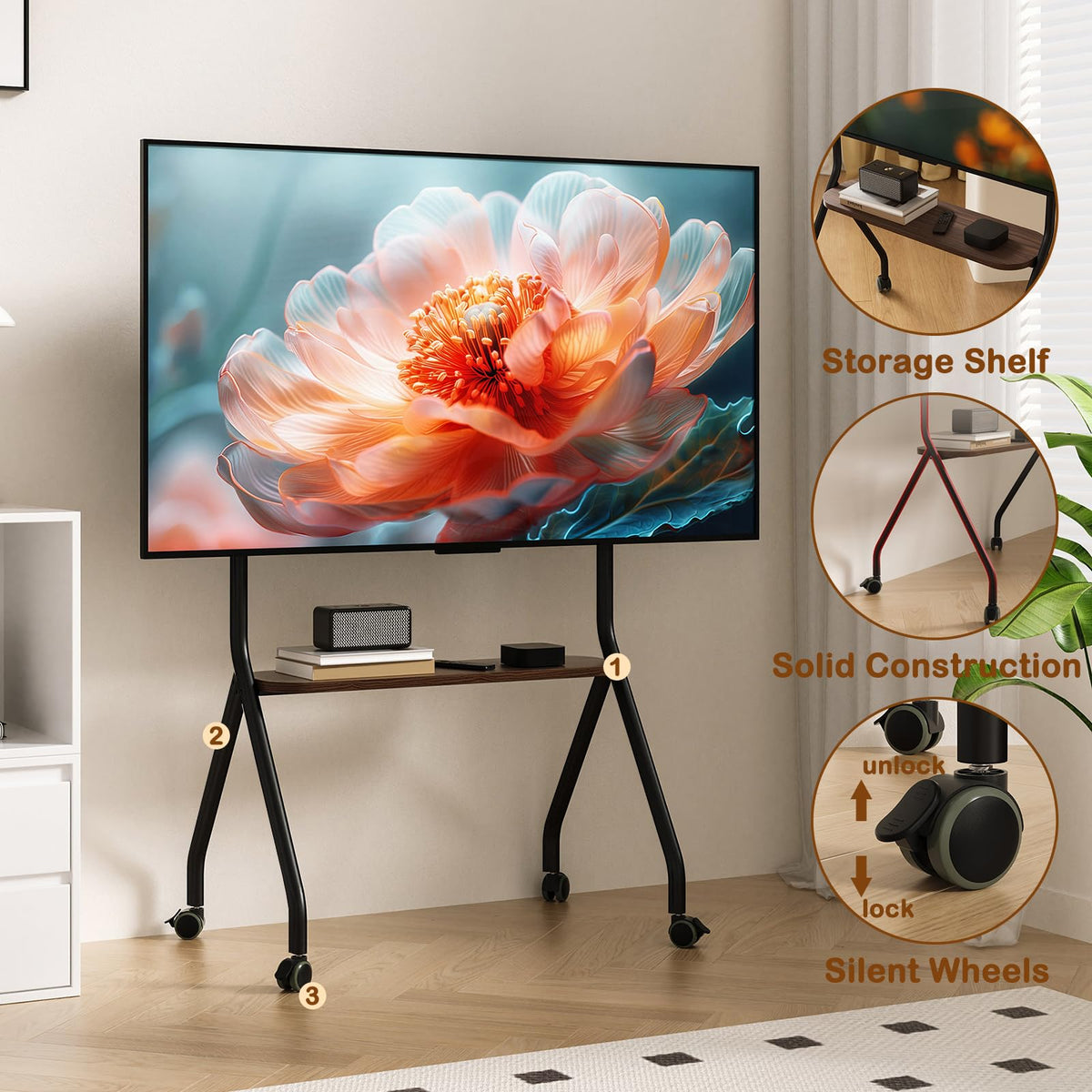Black Height Adjustable Rolling TV Stand for 49-75 Inch TVs C4386