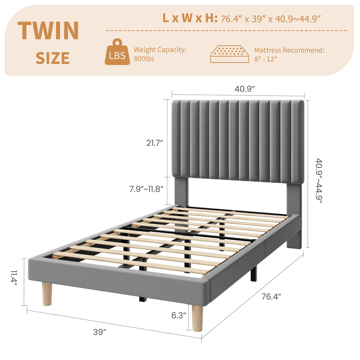 Velvet Upholstered Platform Bed with Adjustable Headboard O826606