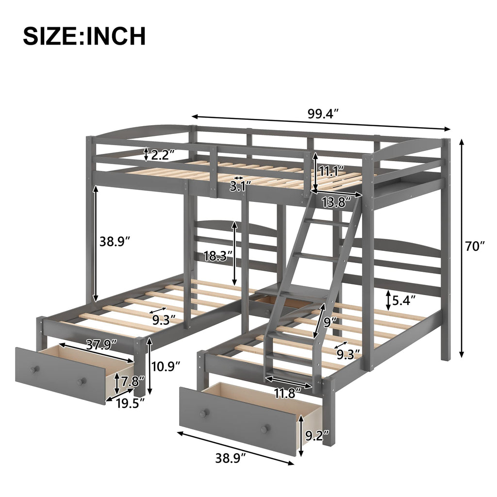 Full Over 2 Twin Wood Triple Bunk Bed with 3 Drawers and Guardrails Q78554