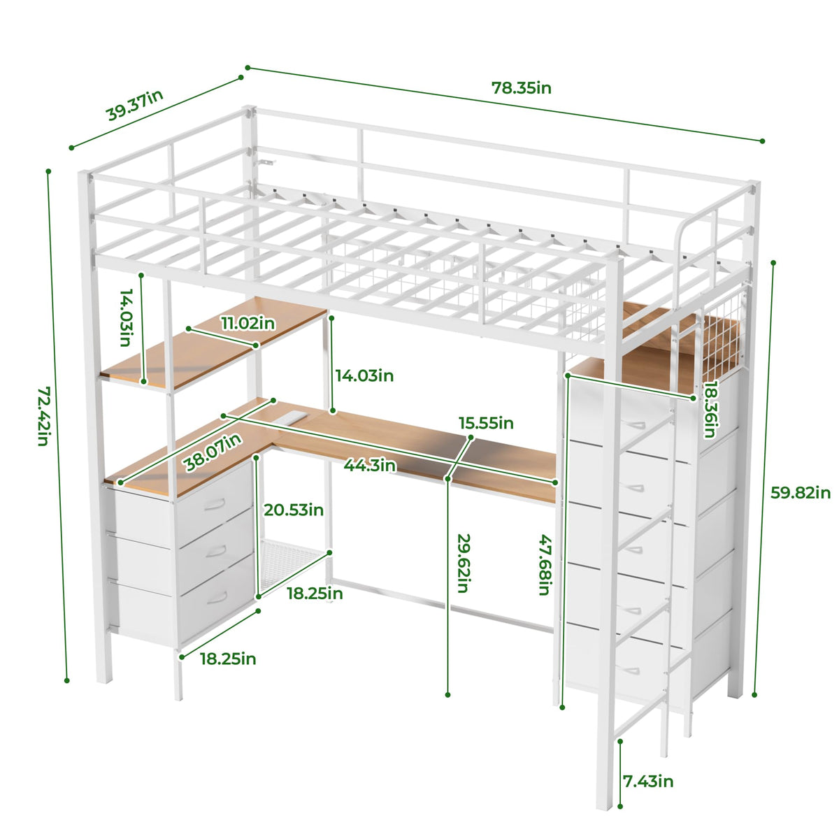 White Twin Size Metal Loft Bed with L-Shaped Desk and 8 Storage Drawers M16574