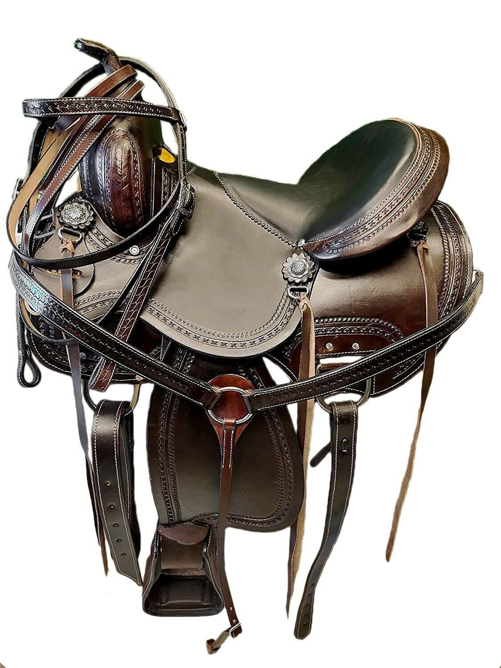 Brown Leather Western Horse Saddle Set with Headstall Breast Collar Reins H19756
