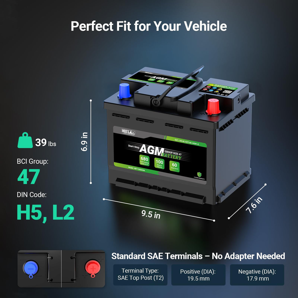 12V 60Ah AGM Car Battery Group 47 H5 W6033