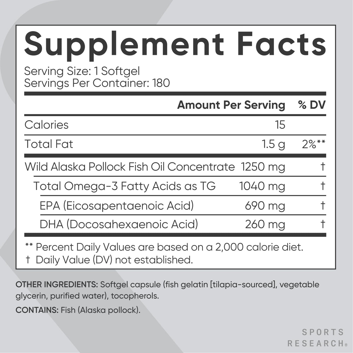 Omega-3 Fish Oil 1250mg 180 Count I65160