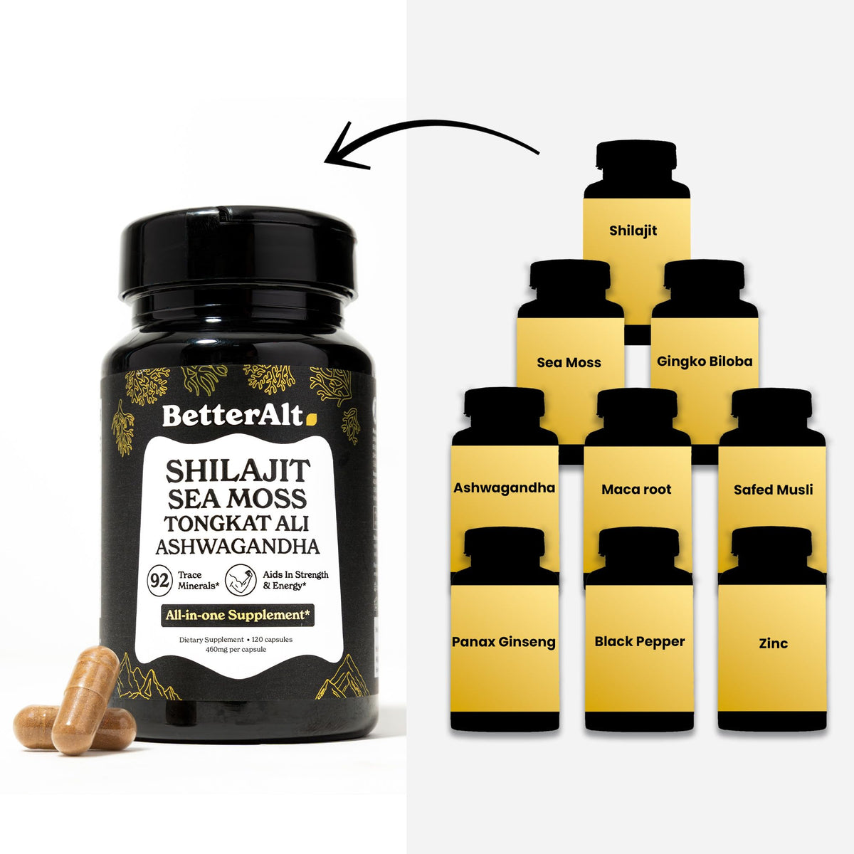 Shilajit Maca Root Ginkgo Biloba Sea Moss Ashwagandha Tongkat Ali Panax Ginseng Safed Musli & Zinc 20 Capsules Supplement E4666