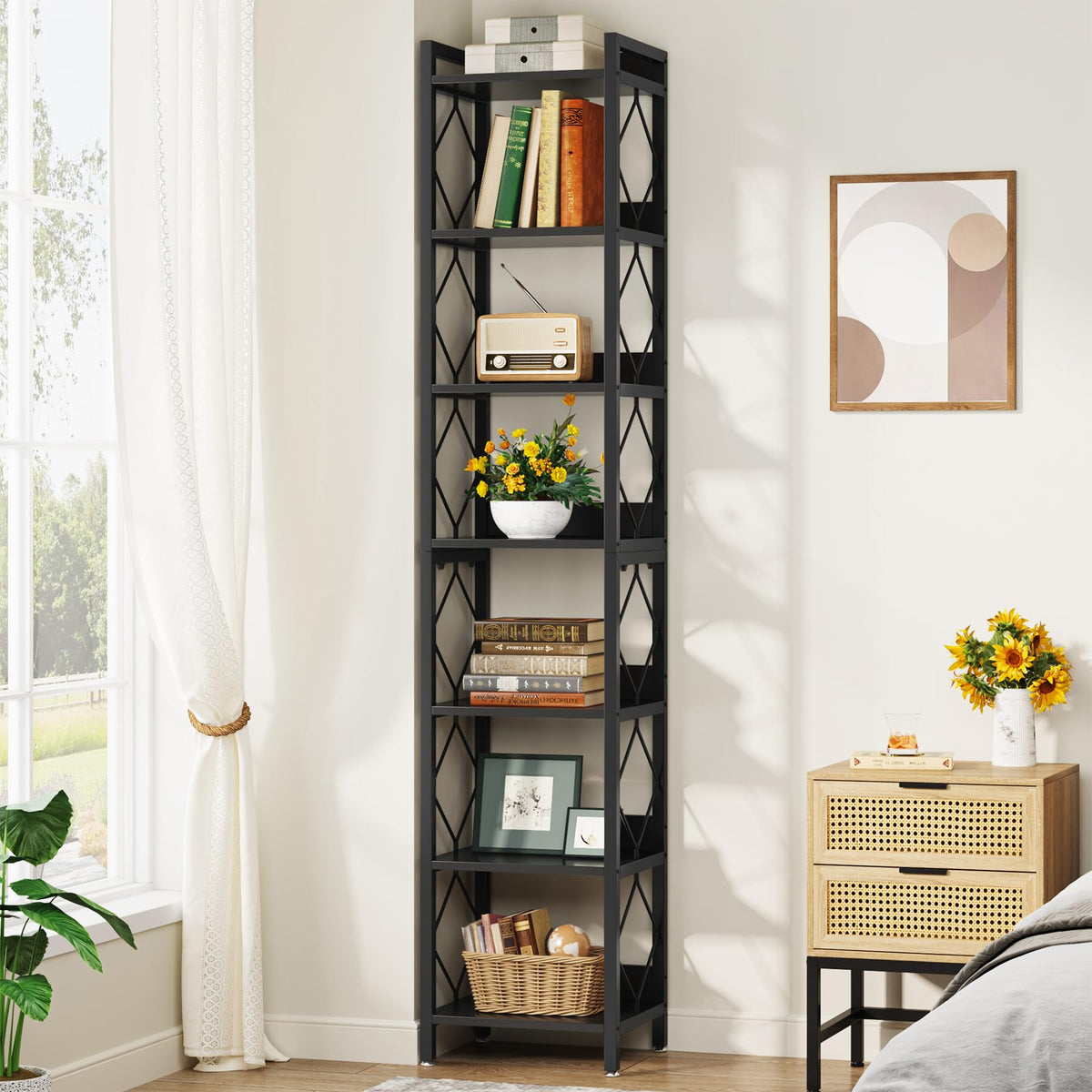 78.7 Inch Tall Skinny Narrow Black Bookshelf Bookcase I730