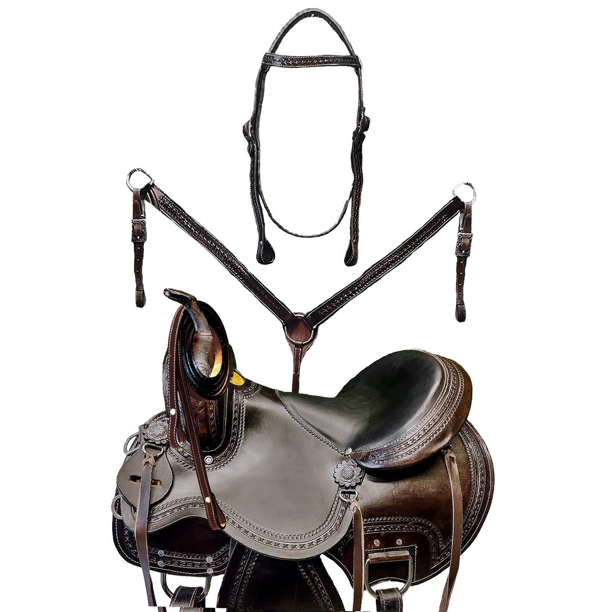 Brown Leather Western Horse Saddle Set with Headstall Breast Collar Reins H19756