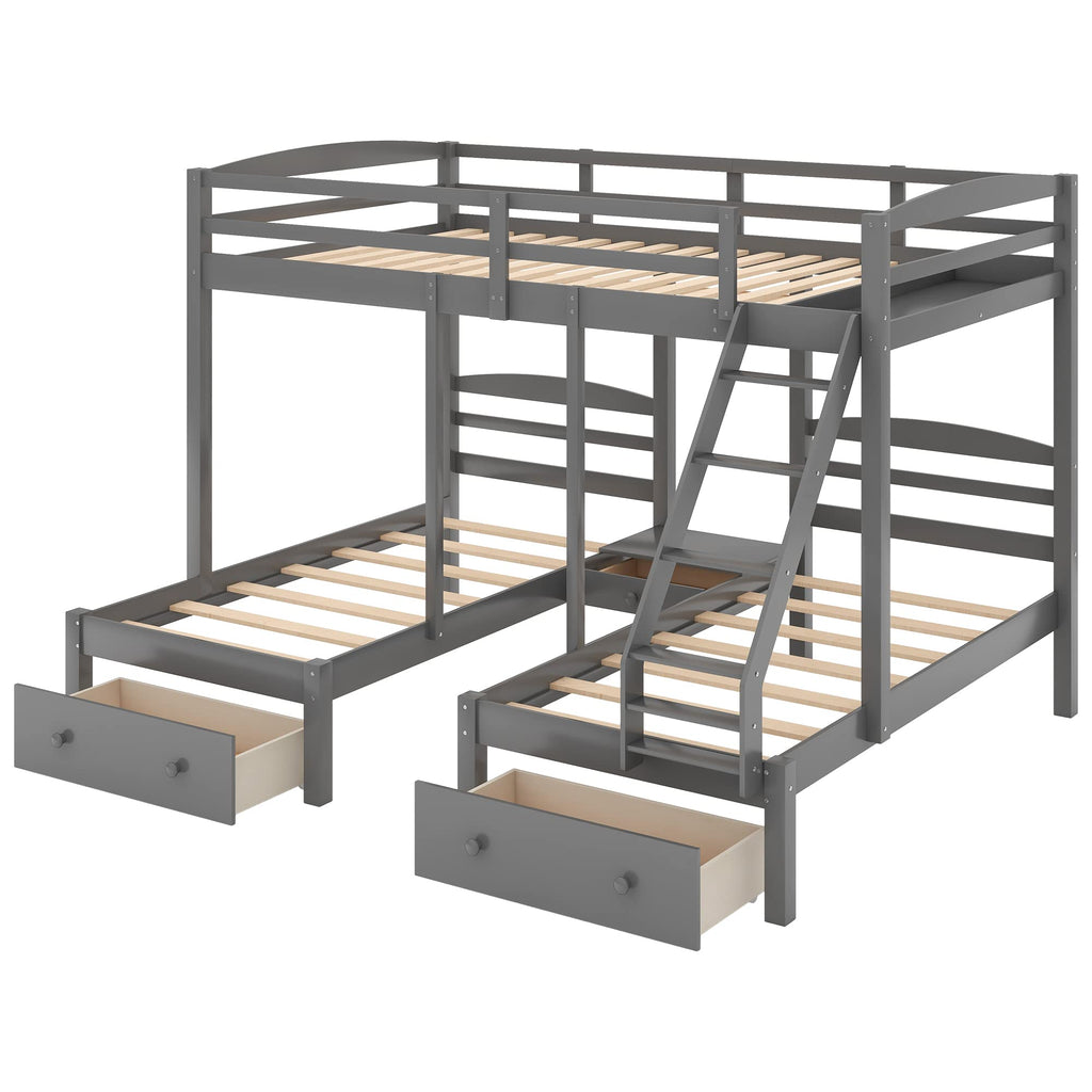 Full Over 2 Twin Wood Triple Bunk Bed with 3 Drawers and Guardrails Q78554