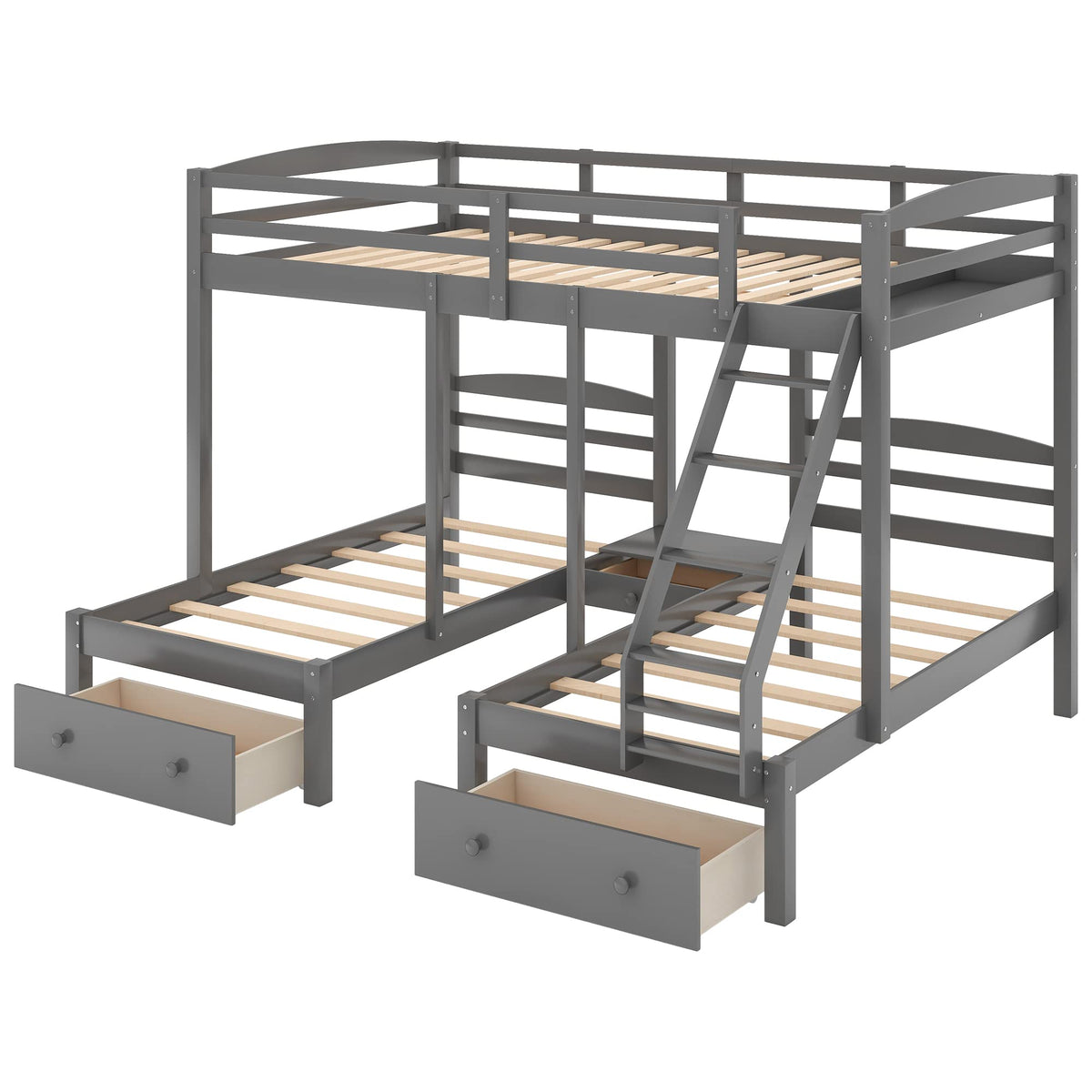Full Over 2 Twin Wood Triple Bunk Bed with 3 Drawers and Guardrails Q78554