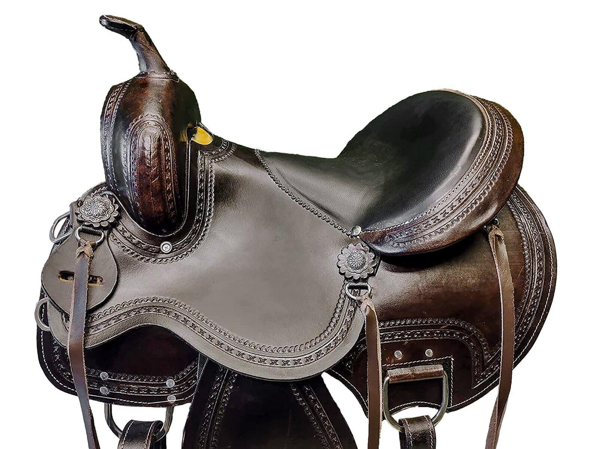 Brown Leather Western Horse Saddle Set with Headstall Breast Collar Reins H19756