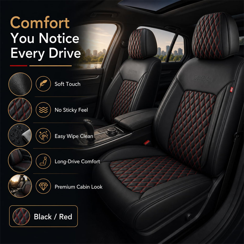 Black and Red Thick Nappa Leather Car Seat Covers Set of 2 P4506