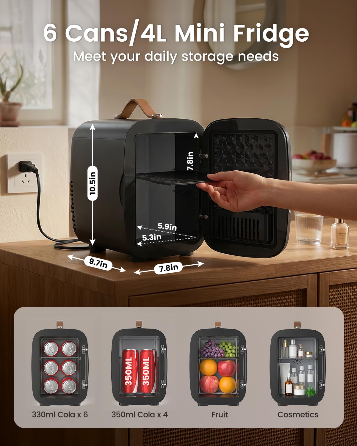 Portable Mini Fridge 4L 6 Can Black C164