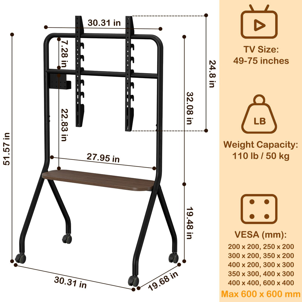 Black Height Adjustable Rolling TV Stand for 49-75 Inch TVs C4386
