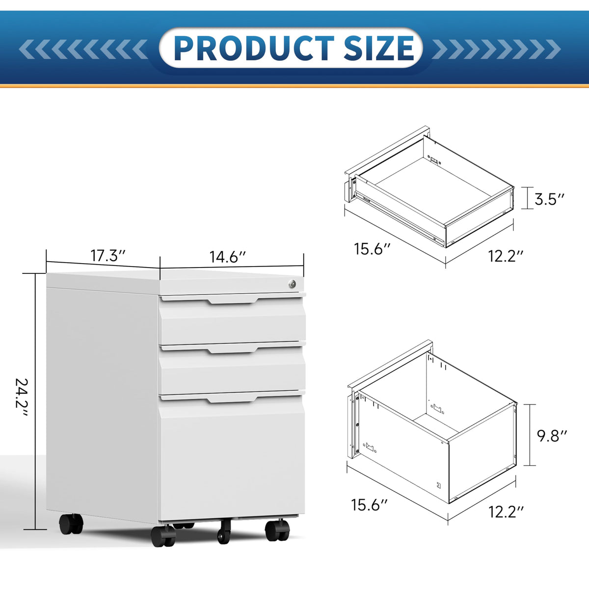 3 Drawer White Metal Mobile File Cabinet E227