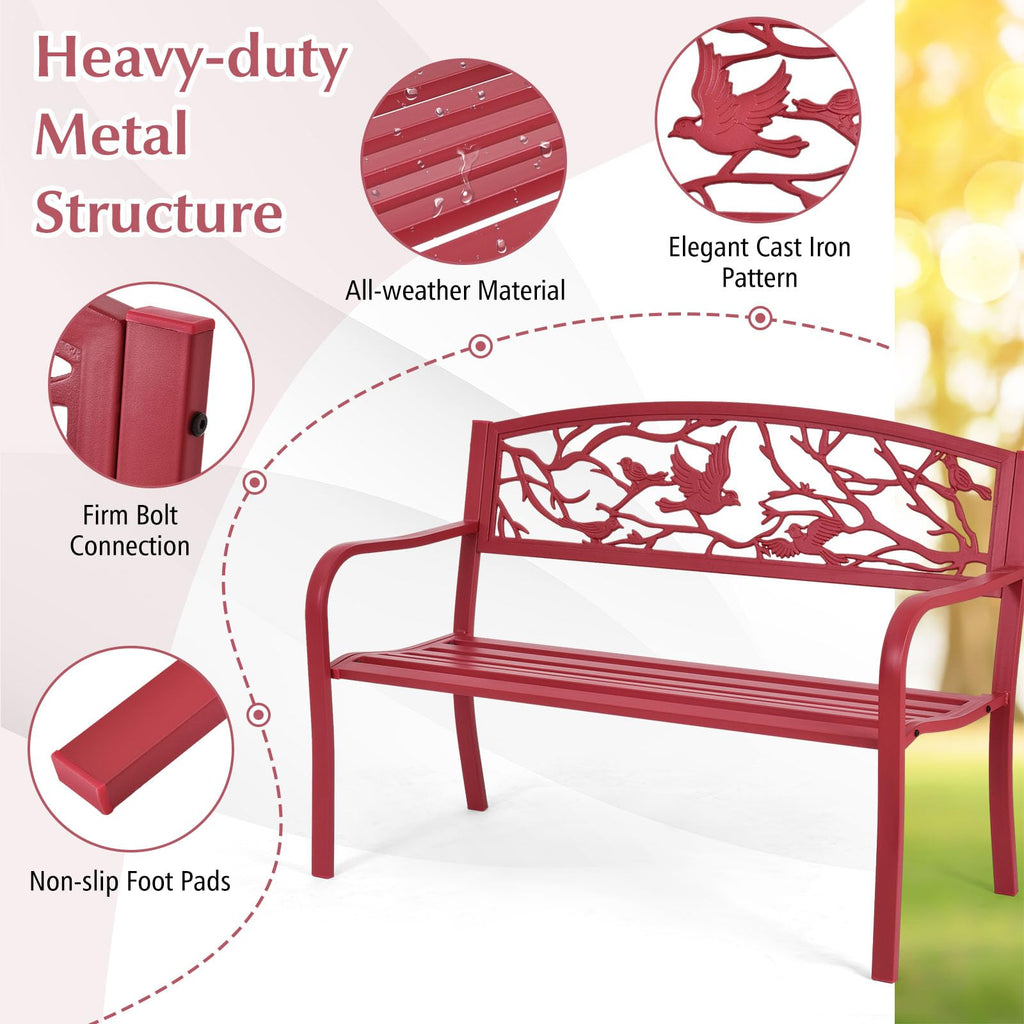 Metal Outdoor Garden Bench with Bird & Twig Back Pattern, Seats 2-3 Persons M160