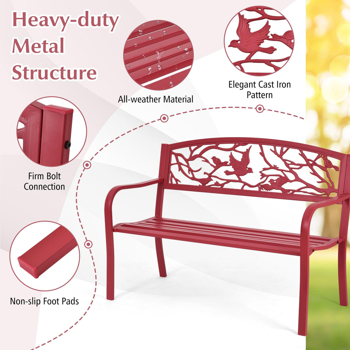 Metal Outdoor Garden Bench with Bird & Twig Back Pattern, Seats 2-3 Persons M160