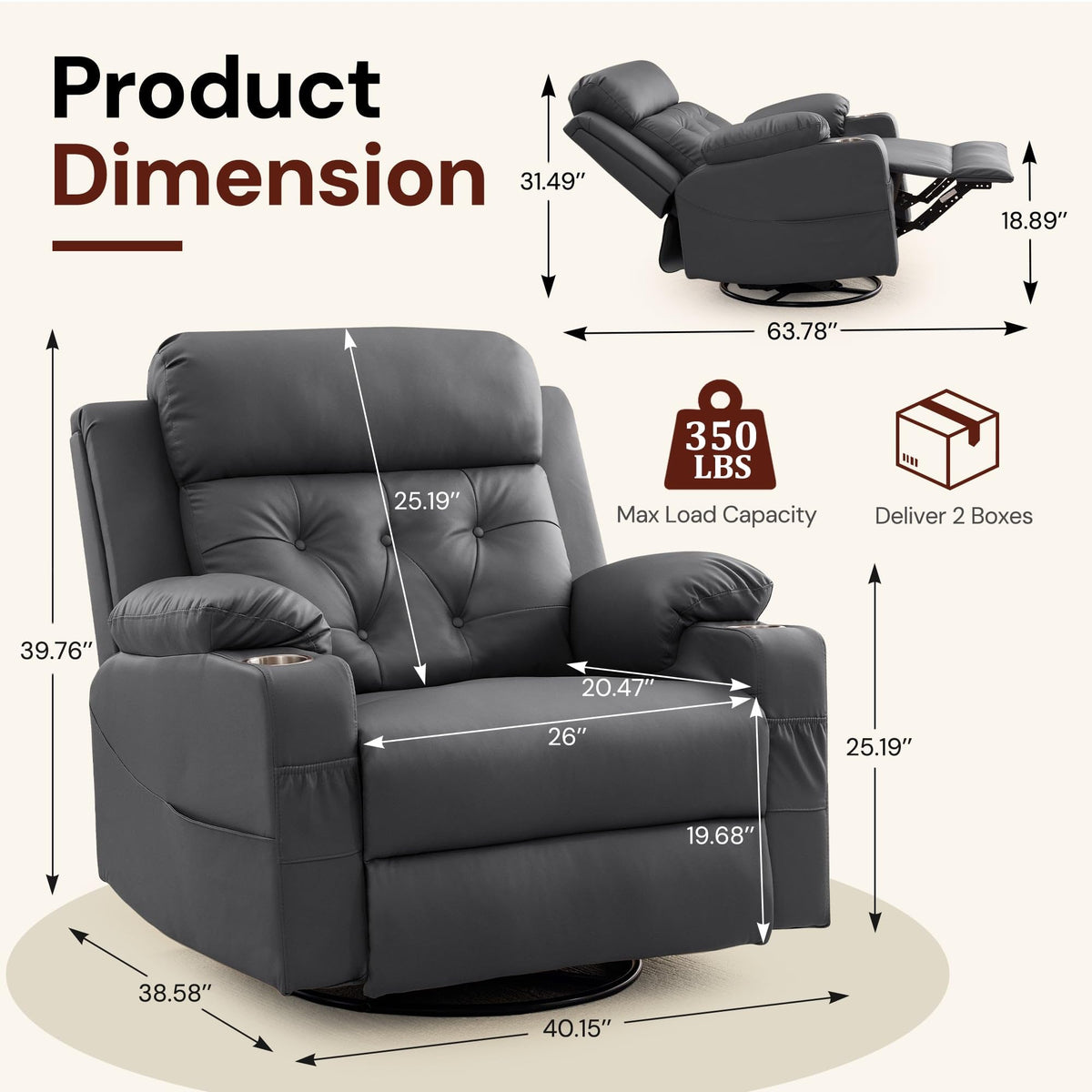 Oversized Swivel Rocker Recliner with Heat and Massage, Faux Leather, Grey W86566