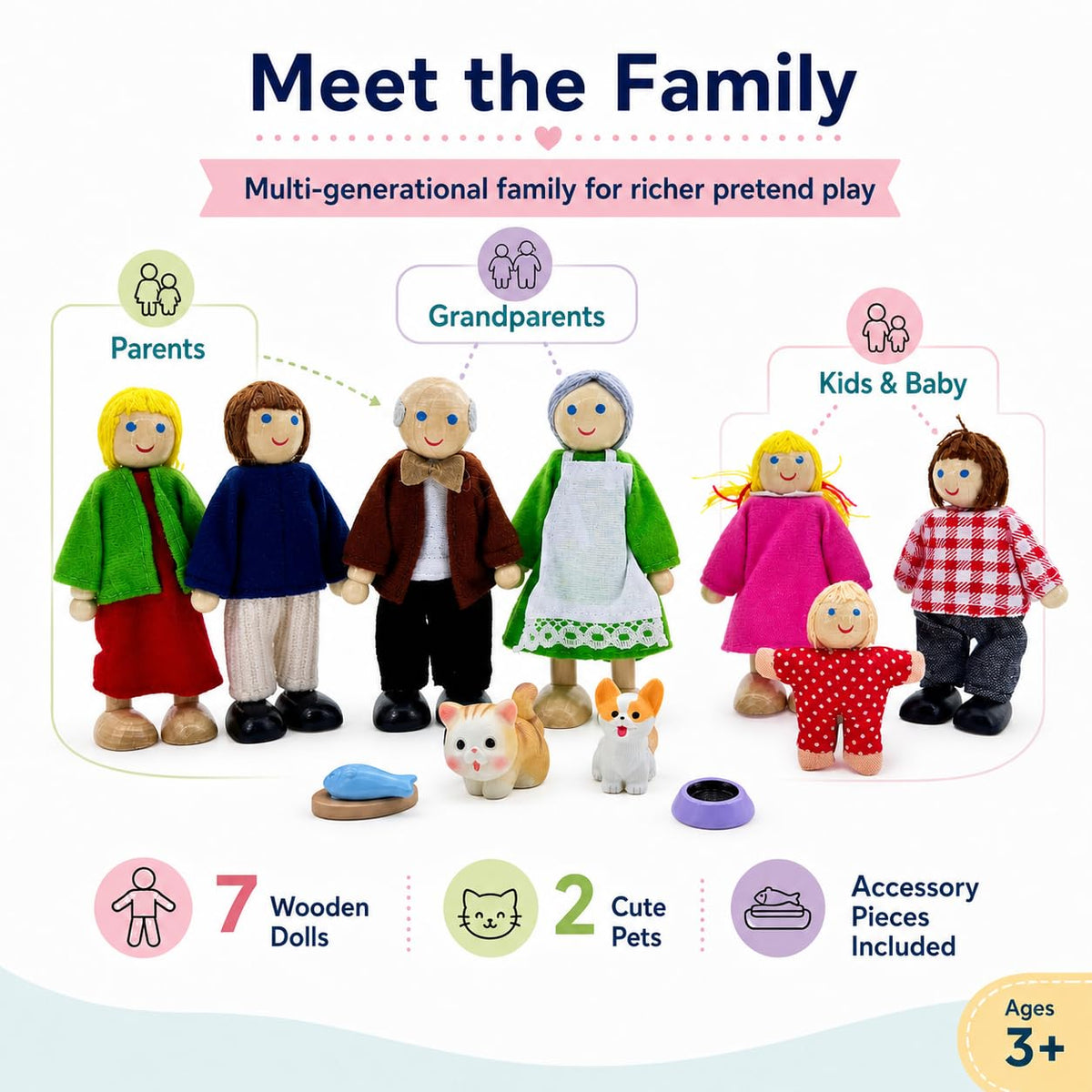 12 Pieces Wooden Dollhouse Family Set with Dog Cat Figures Z5857