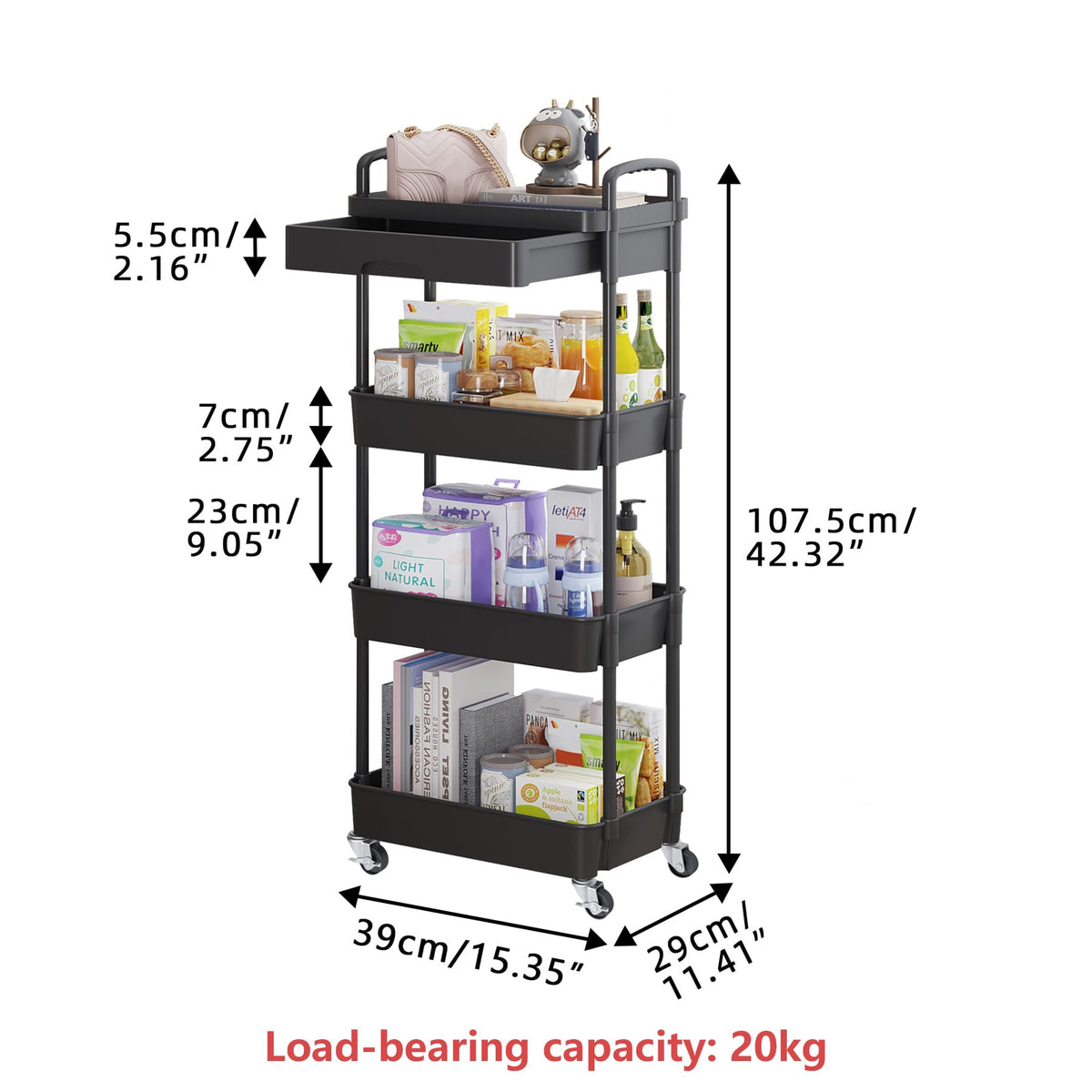 4-Tier Utility Cart with Drawer & Wheels Z1389