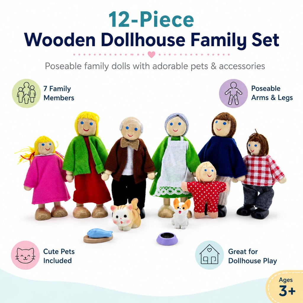 12 Pieces Wooden Dollhouse Family Set with Dog Cat Figures Z5857