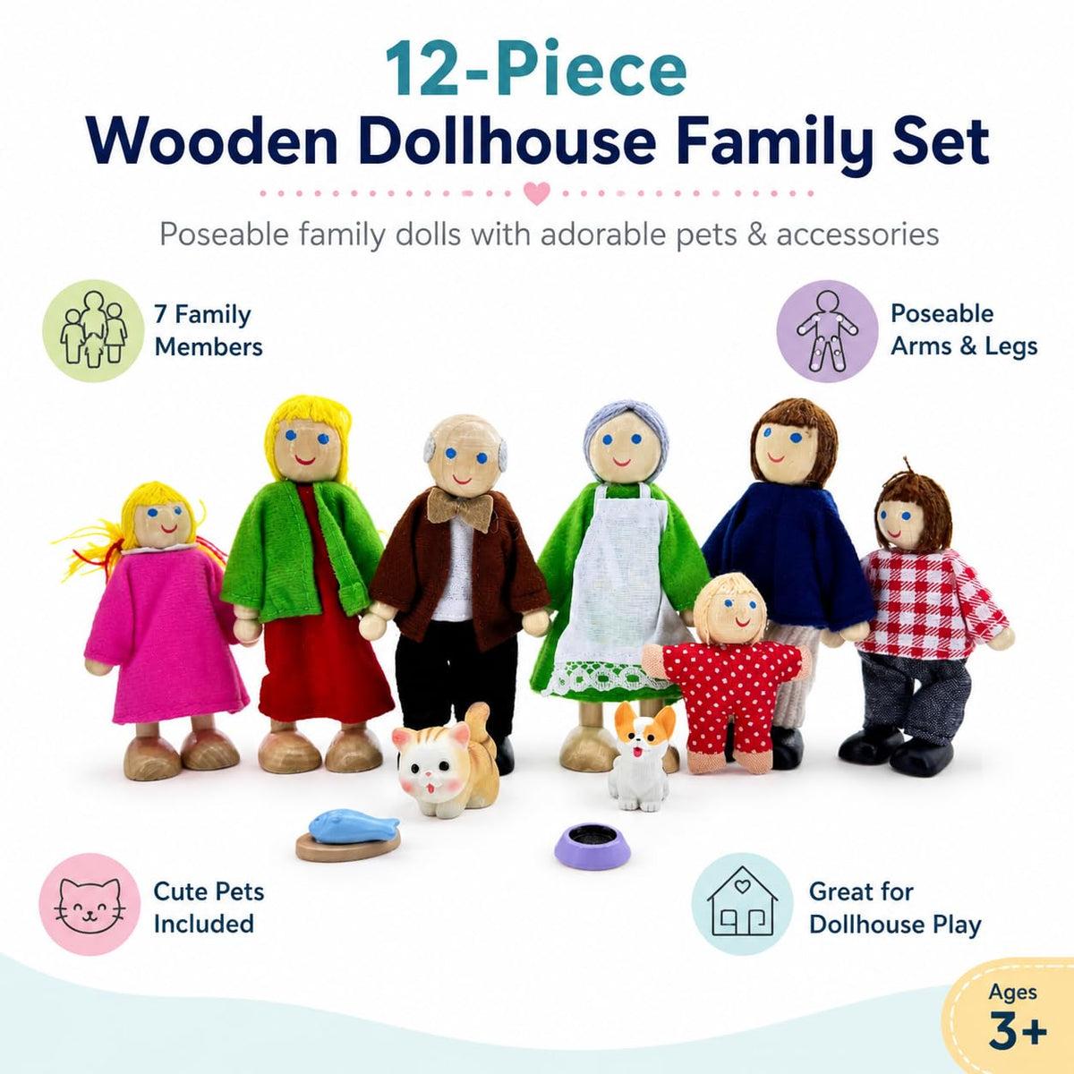 12 Pieces Wooden Dollhouse Family Set with Dog Cat Figures Z5857