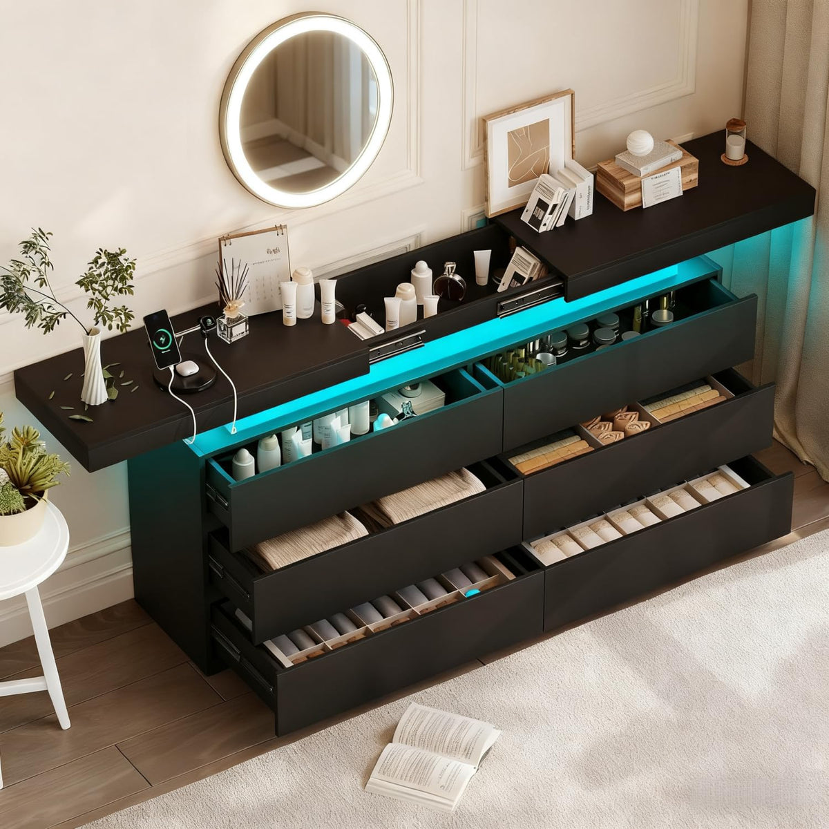 Black 6 Drawer Dresser with Sliding Desktop X715