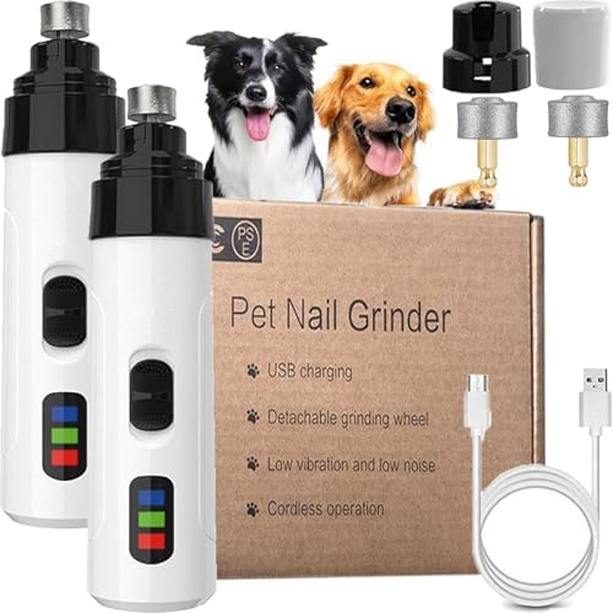 Electric Dog Nail Grinder & Trimmer Rechargeable Quiet Low Vibration Pet Grooming Tool with LED Light 2Pcs Z5853