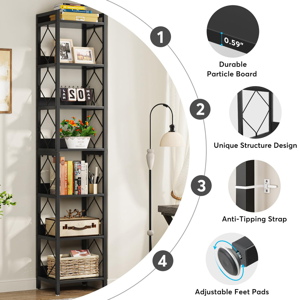 78.7 Inch Tall Skinny Narrow Black Bookshelf Bookcase I730