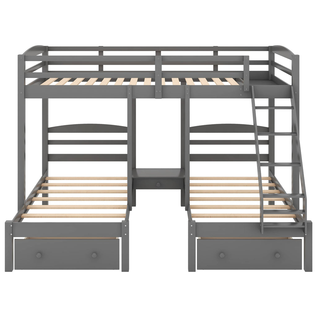 Full Over 2 Twin Wood Triple Bunk Bed with 3 Drawers and Guardrails Q78554