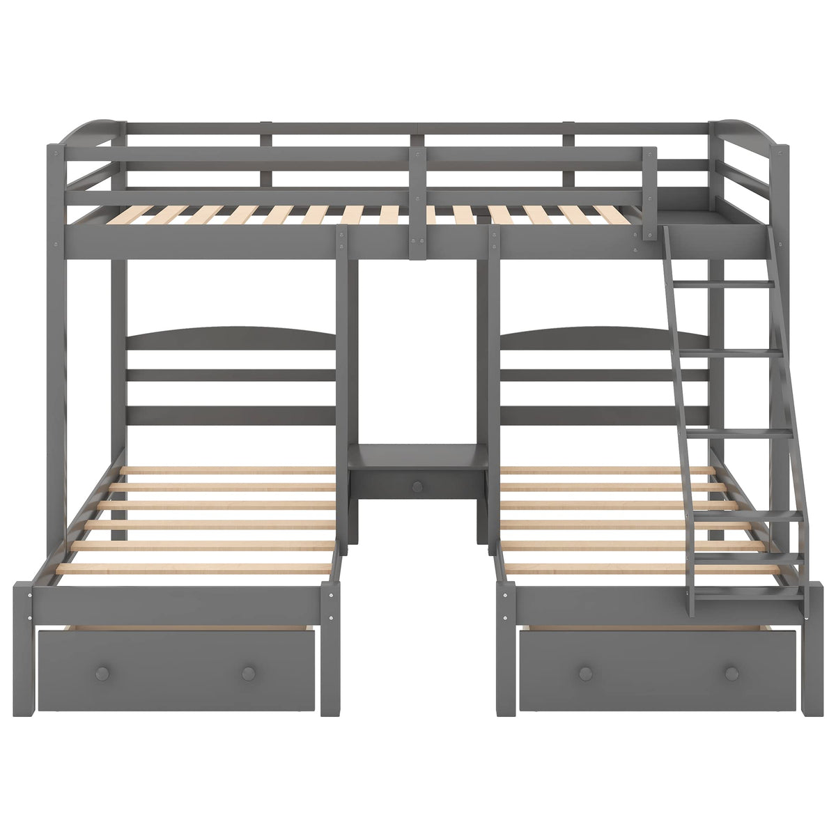 Full Over 2 Twin Wood Triple Bunk Bed with 3 Drawers and Guardrails Q78554