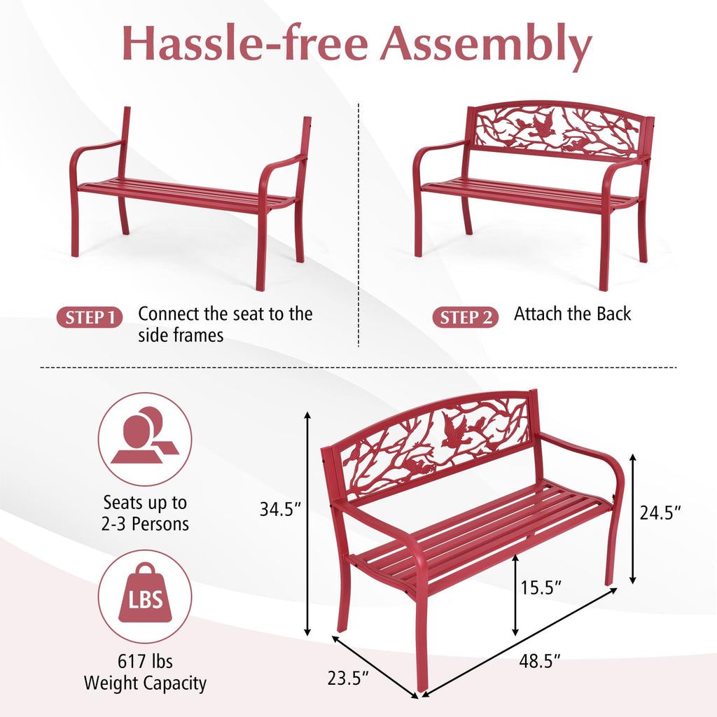 Metal Outdoor Garden Bench with Bird & Twig Back Pattern, Seats 2-3 Persons M160
