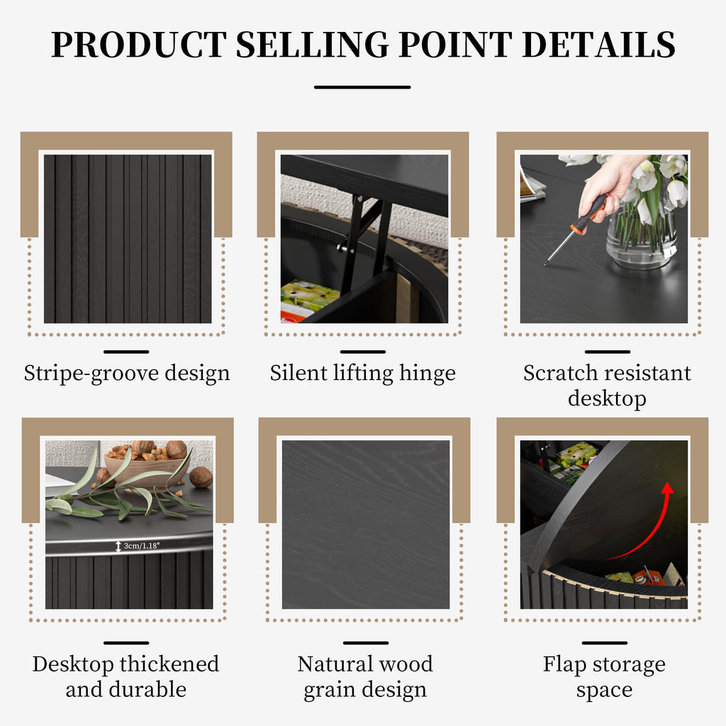 34.6" Fluted Round Lift Top Coffee Table with Hidden Storage, Black O226018