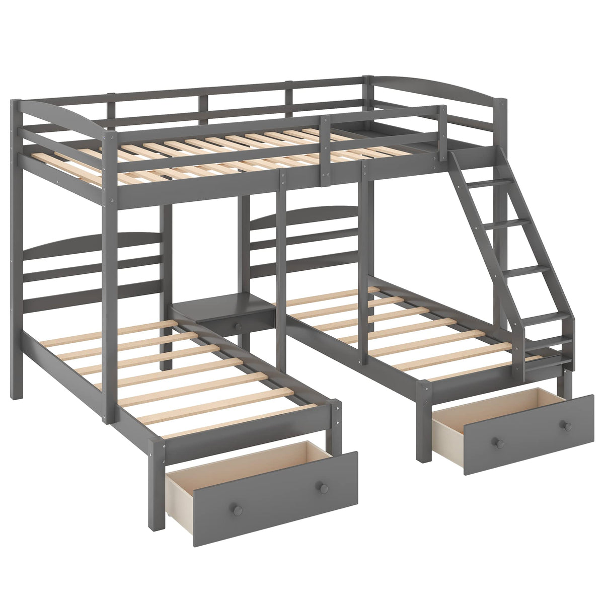 Full Over 2 Twin Wood Triple Bunk Bed with 3 Drawers and Guardrails Q78554