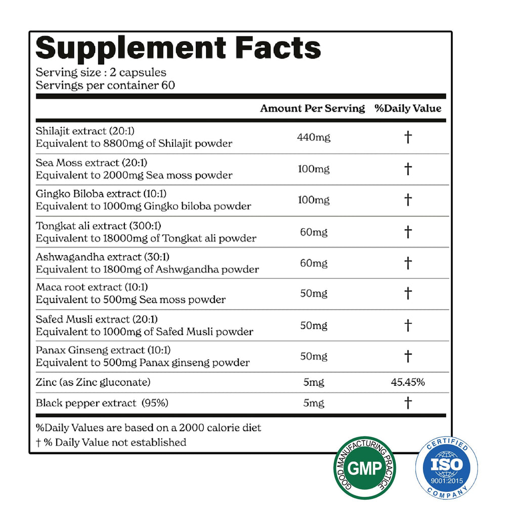 Shilajit Maca Root Ginkgo Biloba Sea Moss Ashwagandha Tongkat Ali Panax Ginseng Safed Musli & Zinc 20 Capsules Supplement E4666